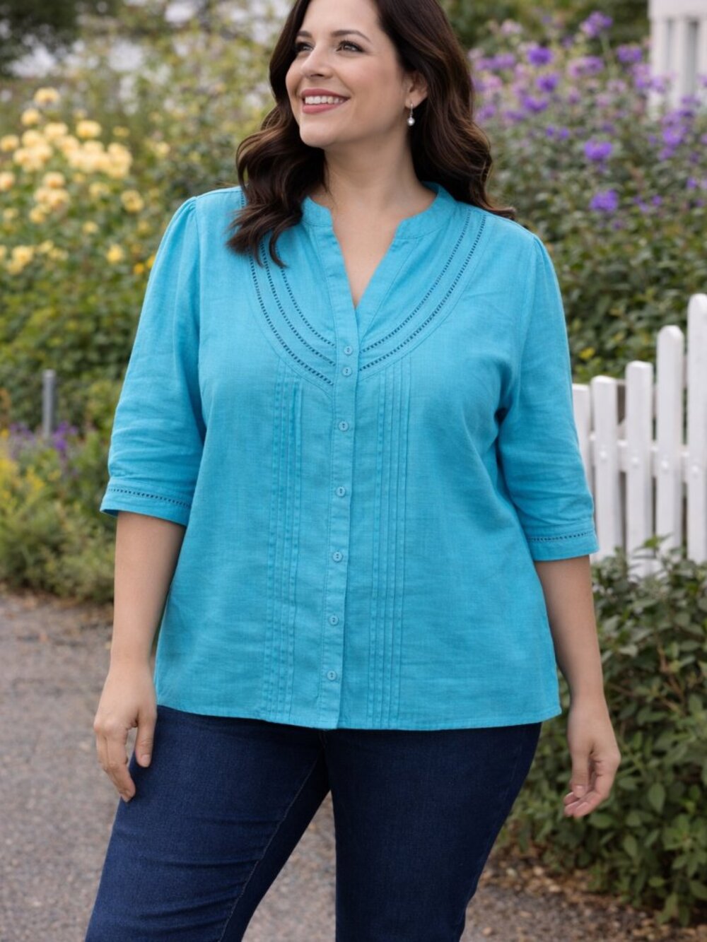 David Brooks Woman Linen Cutwork Blouse Plus NWOT